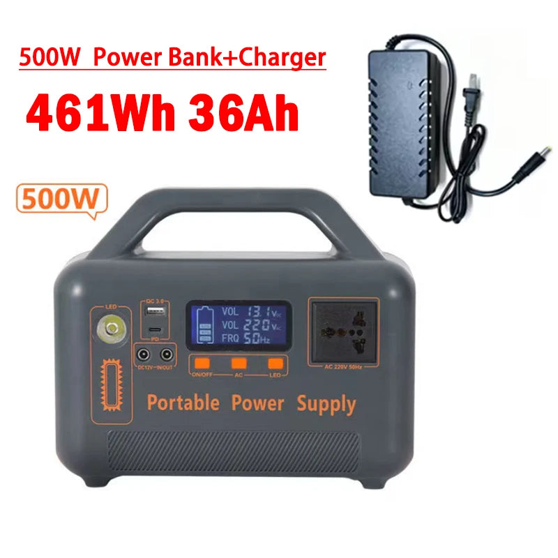 500W 220V Portable Power Station Solar Generator 461Wh 36Ah Large Capacity LiFePO4 Power Bank for Camping RV Emergency Energy