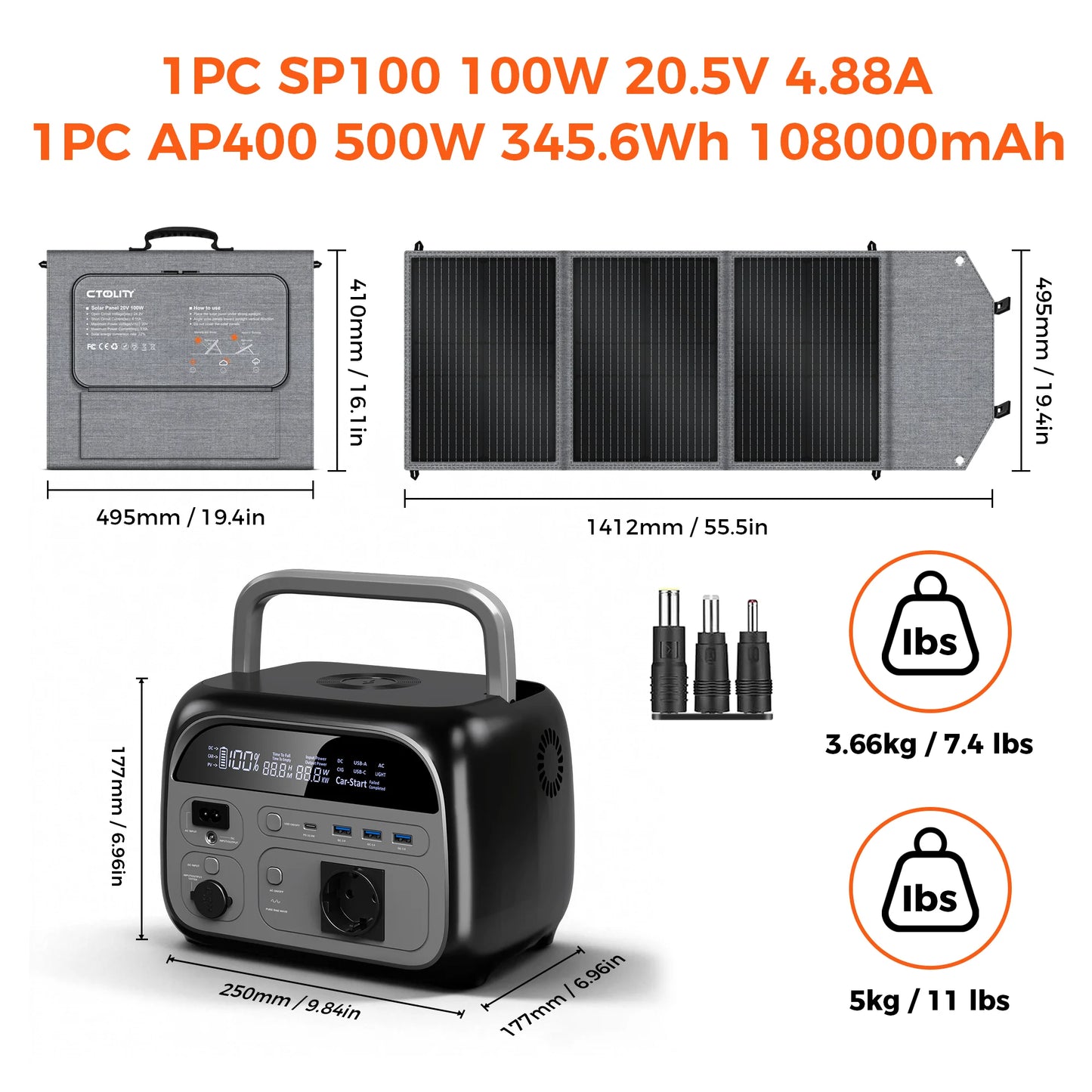 CTOLITY 500W Power Station with 100W Foldable Solar Panel, Pure Sine Wave LiFePO4 Battery, UPS, Outdoor Emergency Power Supply