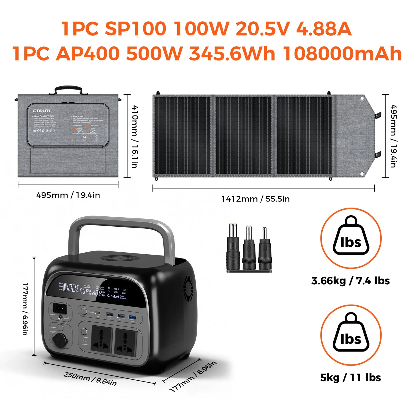 CTOLITY 500W Power Station with 100W Foldable Solar Panel, Pure Sine Wave LiFePO4 Battery, UPS, Outdoor Emergency Power Supply