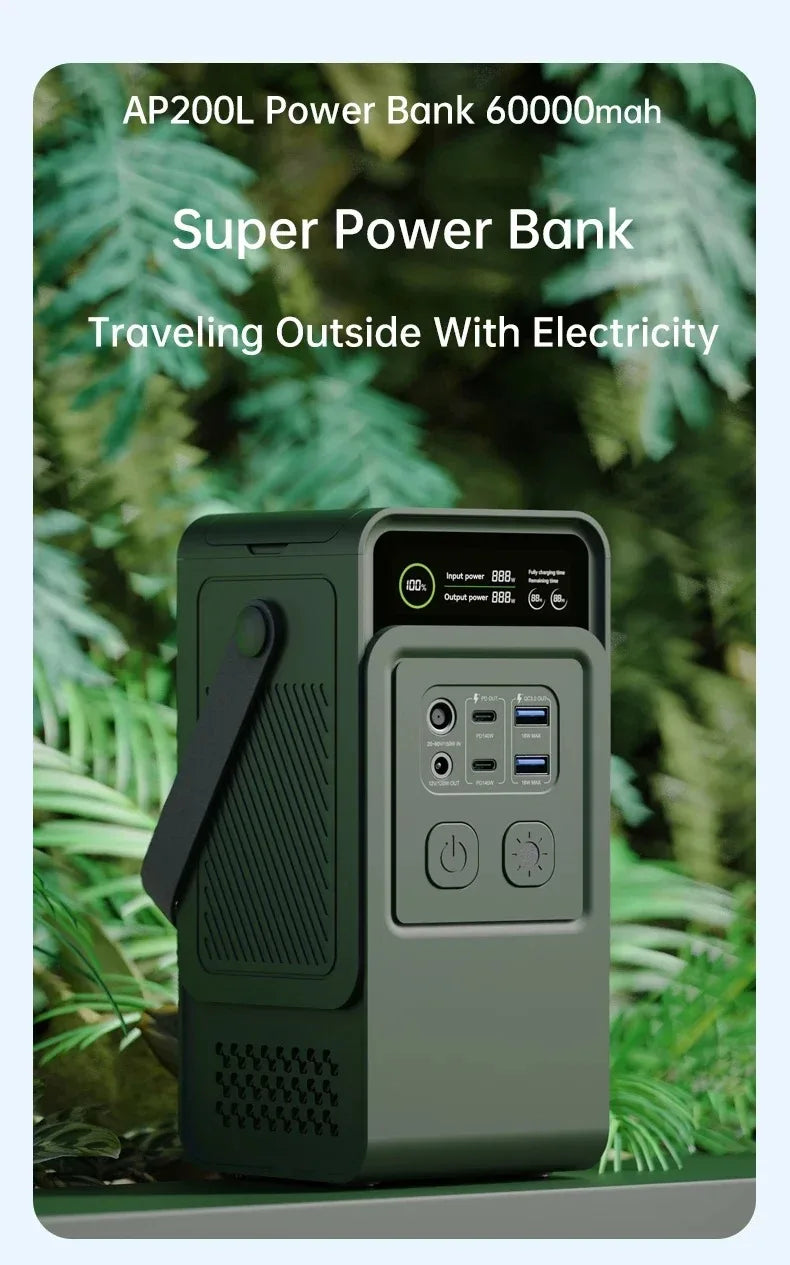 60000mAh 200W 192Wh Camping Power Station Power Bank LiFePo4 Portable Charger Battery Outdoor Solar Generator USB Port Supply