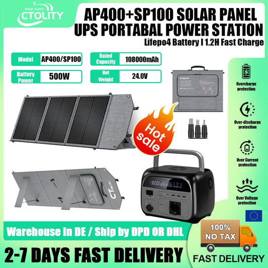 CTOLITY 500W Power Station with 100W Foldable Solar Panel, Pure Sine Wave LiFePO4 Battery, UPS, Outdoor Emergency Power Supply