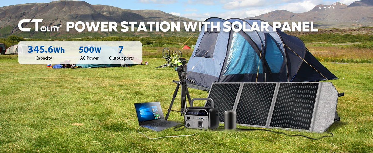 CTOLITY 500W Power Station with 100W Foldable Solar Panel, Pure Sine Wave LiFePO4 Battery, UPS, Outdoor Emergency Power Supply