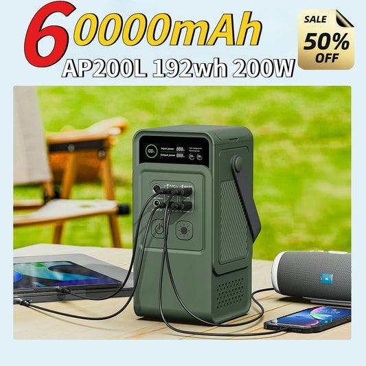 60000mAh 200W 192Wh Camping Power Station Power Bank LiFePo4 Portable Charger Battery Outdoor Solar Generator USB Port Supply